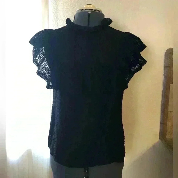 Iris black lace front ruffle key hole blouse top women medium - Picture 3 of 10